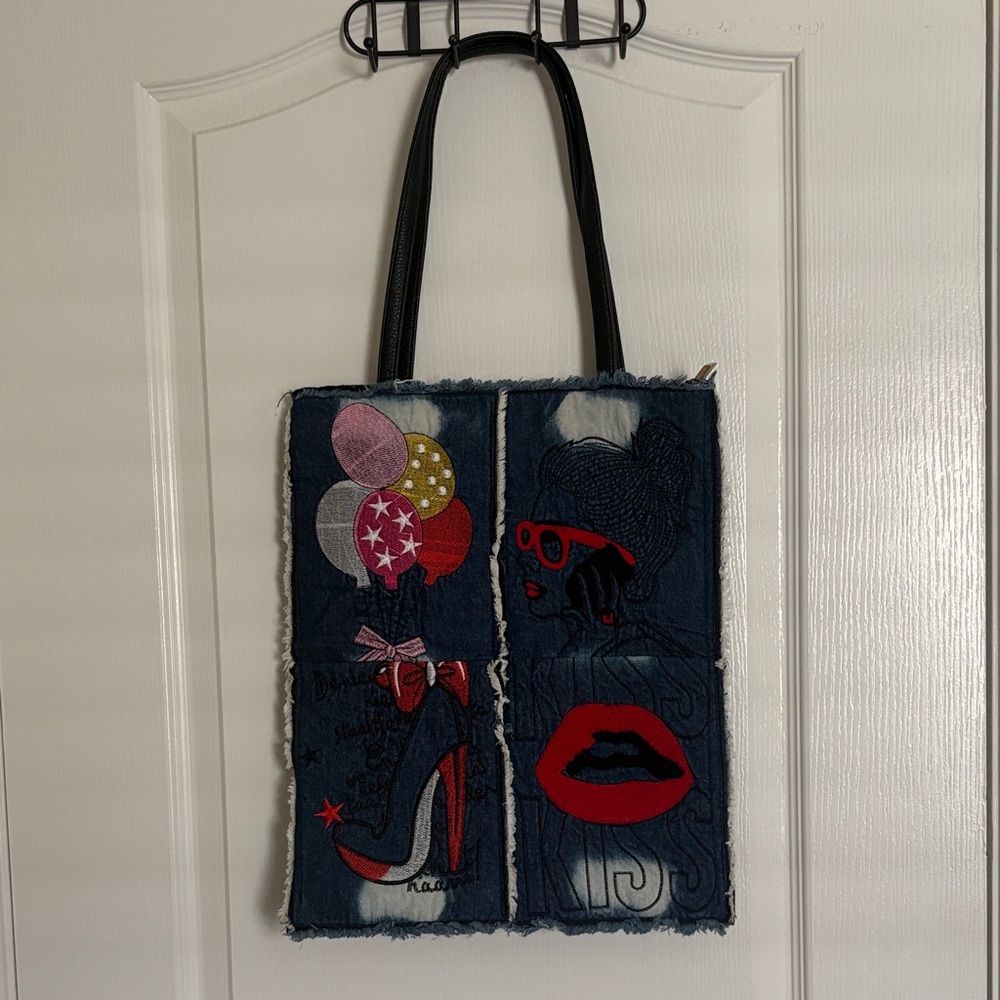 Stylish Denim Tote with embroidery lips, heels, balloons with Black Handles